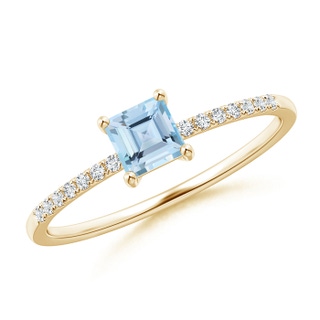 4mm AAA Square Aquamarine Ring with Diamond Studded Shank in Yellow Gold