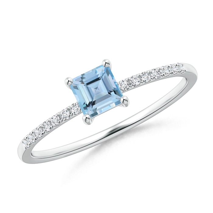 4mm AAAA Square Aquamarine Ring with Diamond Studded Shank in P950 Platinum