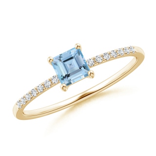 4mm AAAA Square Aquamarine Ring with Diamond Studded Shank in Yellow Gold