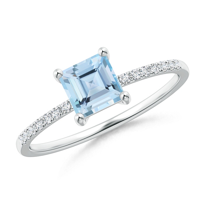 5mm AAA Square Aquamarine Ring with Diamond Studded Shank in White Gold