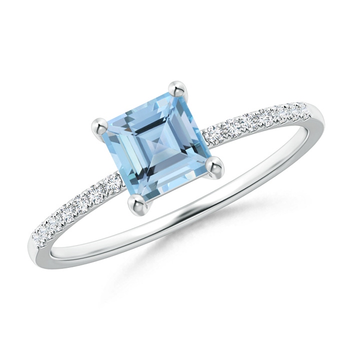 5mm AAAA Square Aquamarine Ring with Diamond Studded Shank in 9K White Gold
