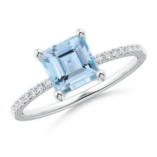 6mm AAAA Square Aquamarine Ring with Diamond Studded Shank in White Gold