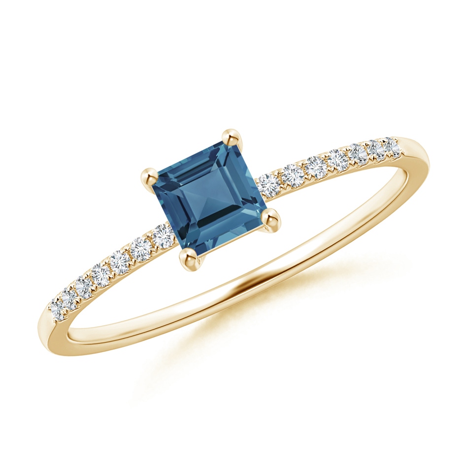4mm A Square London Blue Topaz Ring with Diamond Studded Shank in Yellow Gold 