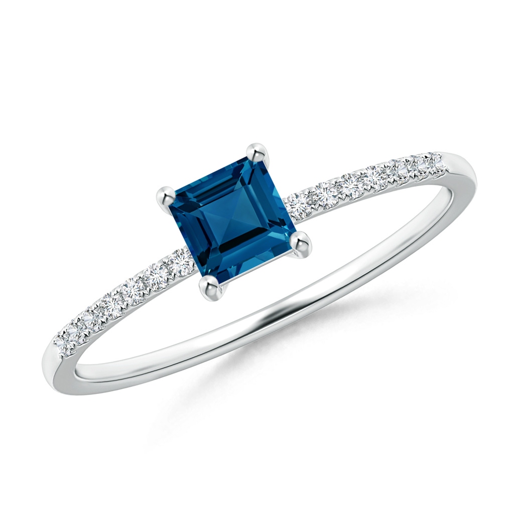 4mm AAA Square London Blue Topaz Ring with Diamond Studded Shank in 10K White Gold