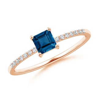 4mm AAA Square London Blue Topaz Ring with Diamond Studded Shank in 9K Rose Gold