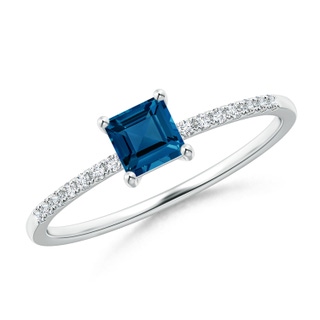 4mm AAA Square London Blue Topaz Ring with Diamond Studded Shank in White Gold