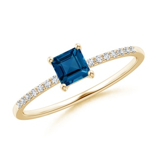 4mm AAA Square London Blue Topaz Ring with Diamond Studded Shank in Yellow Gold