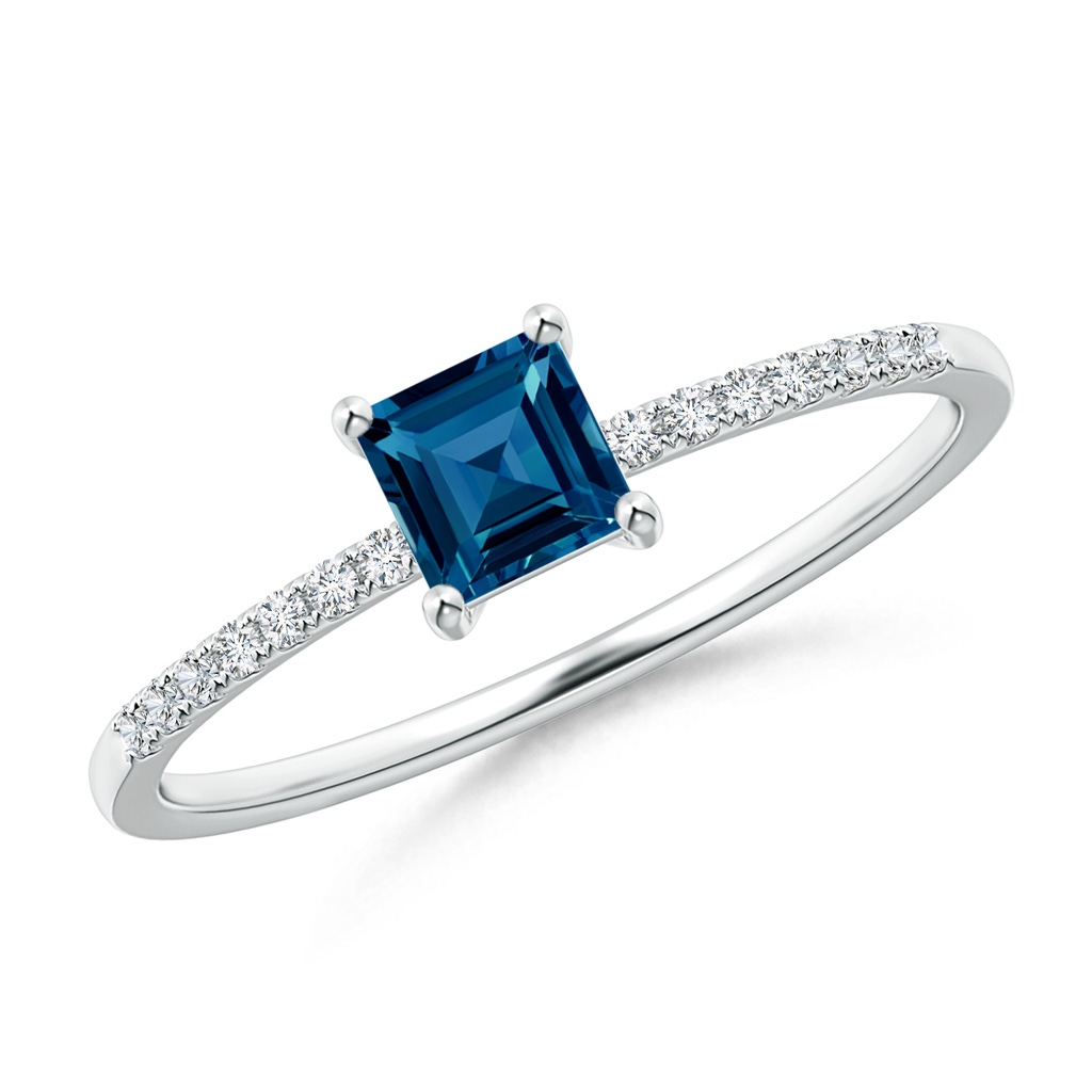 4mm AAAA Square London Blue Topaz Ring with Diamond Studded Shank in White Gold