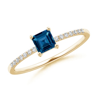 4mm AAAA Square London Blue Topaz Ring with Diamond Studded Shank in Yellow Gold