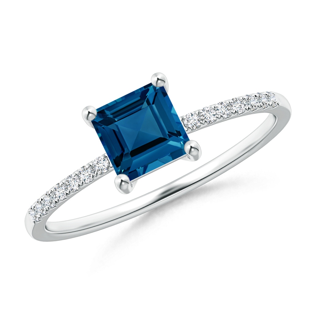 5mm AAA Square London Blue Topaz Ring with Diamond Studded Shank in White Gold