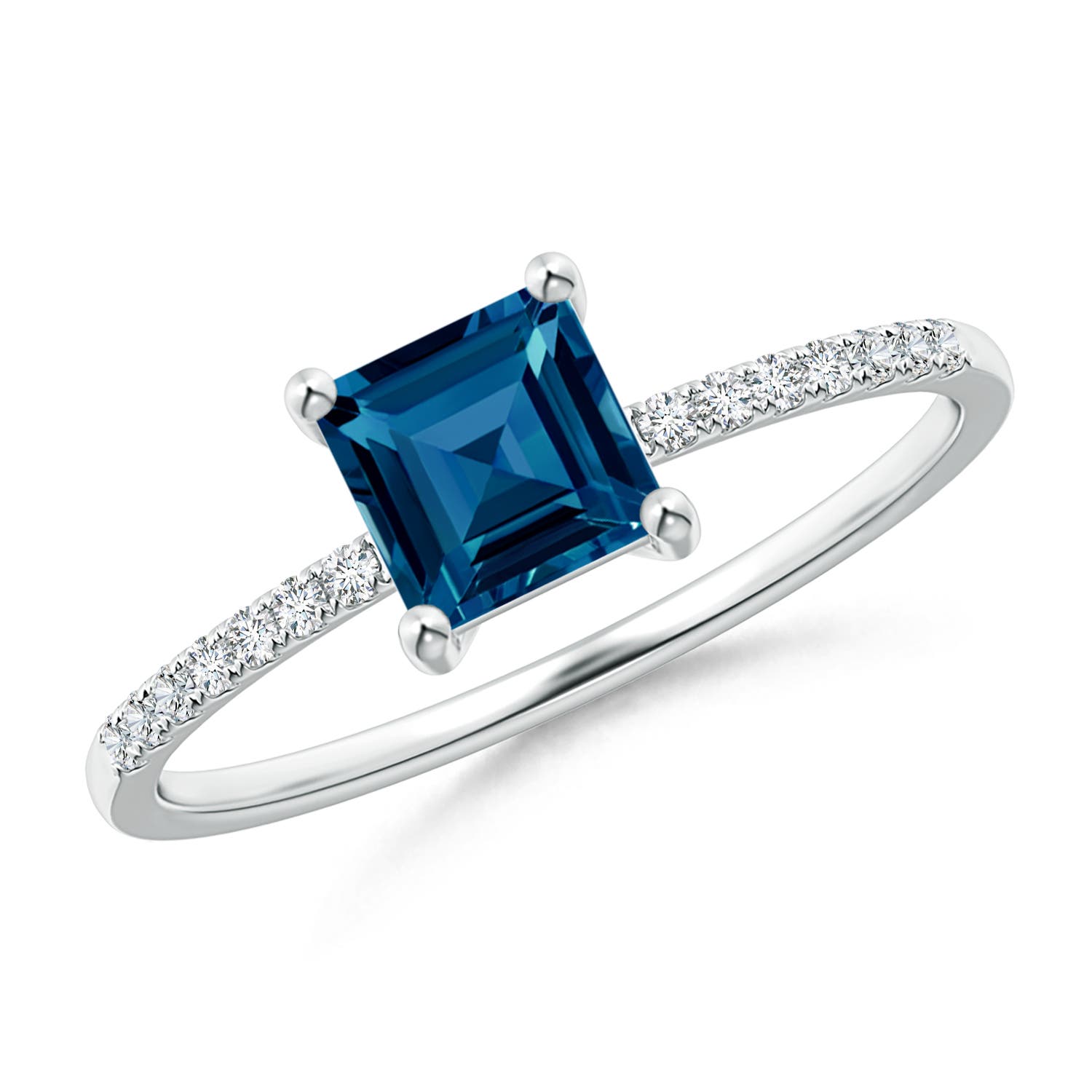 5mm AAAA Square London Blue Topaz Ring with Diamond Studded Shank in P950 Platinum