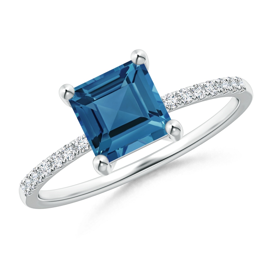 6mm AA Square London Blue Topaz Ring with Diamond Studded Shank in White Gold 