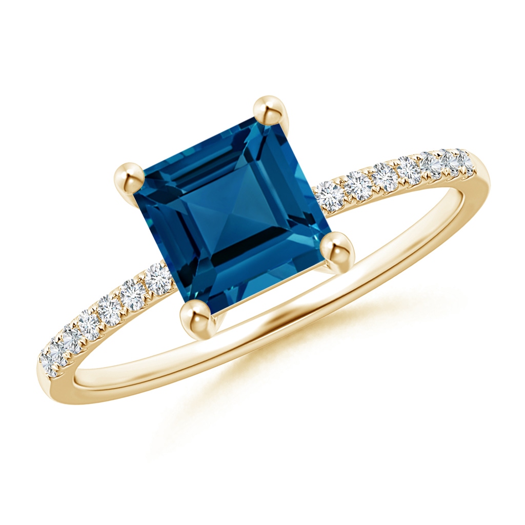 6mm AAA Square London Blue Topaz Ring with Diamond Studded Shank in Yellow Gold