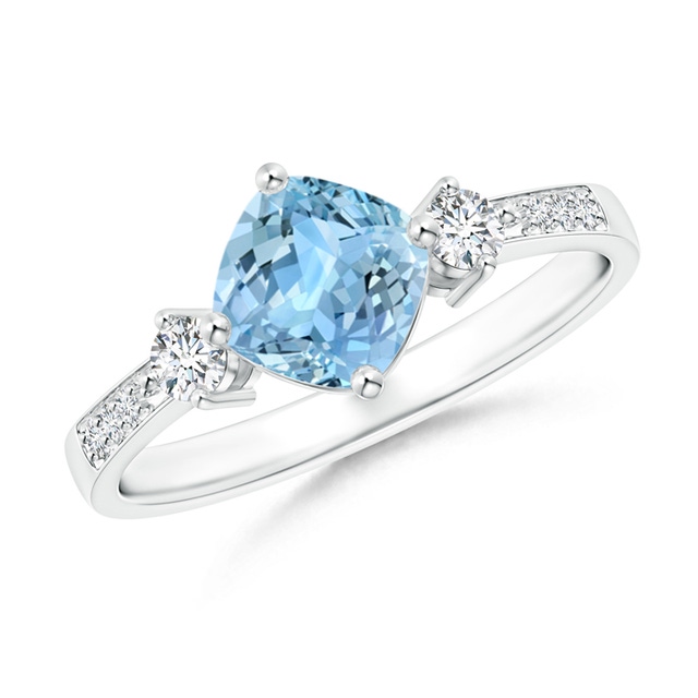 Round Aquamarine Split Shank Ring with Diamond Accents | Angara