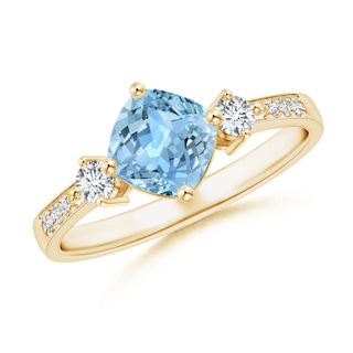 6mm AAAA Cushion Sideways Aquamarine and Diamond Ring in Yellow Gold