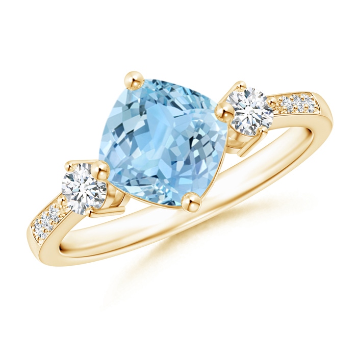 7mm AAAA Cushion Sideways Aquamarine and Diamond Ring in Yellow Gold 