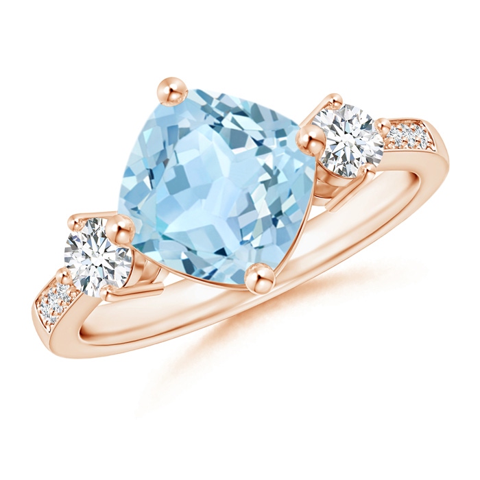 8mm AAA Cushion Sideways Aquamarine and Diamond Ring in Rose Gold 