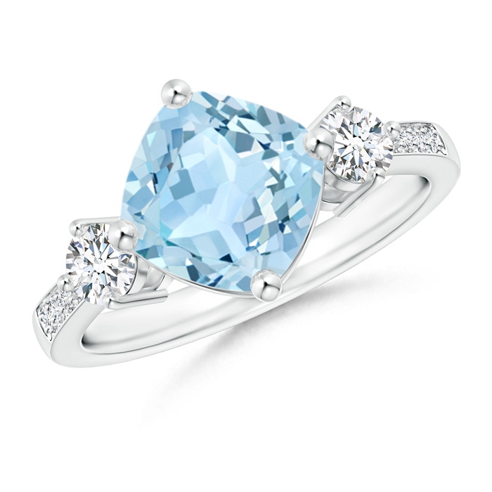 8mm AAA Cushion Sideways Aquamarine and Diamond Ring in White Gold 