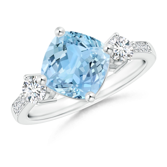 8mm AAAA Cushion Sideways Aquamarine and Diamond Ring in White Gold 