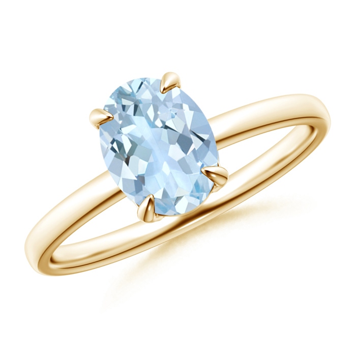 8x6mm AA Claw-Set Oval Aquamarine Solitaire Ring in Yellow Gold 