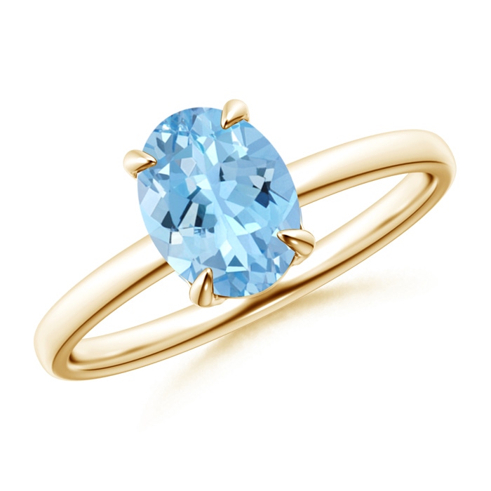 8x6mm AAAA Claw-Set Oval Aquamarine Solitaire Ring in Yellow Gold 