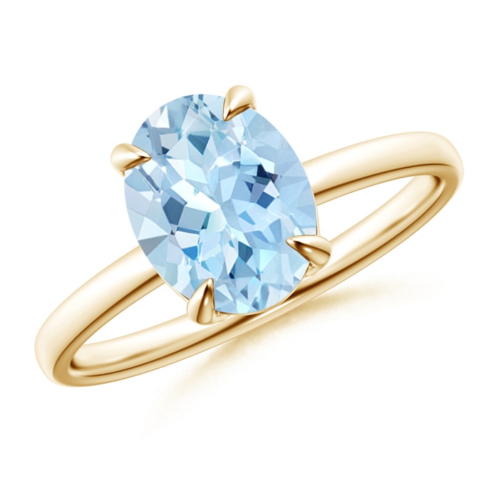 9x7mm AAA Claw-Set Oval Aquamarine Solitaire Ring in Yellow Gold