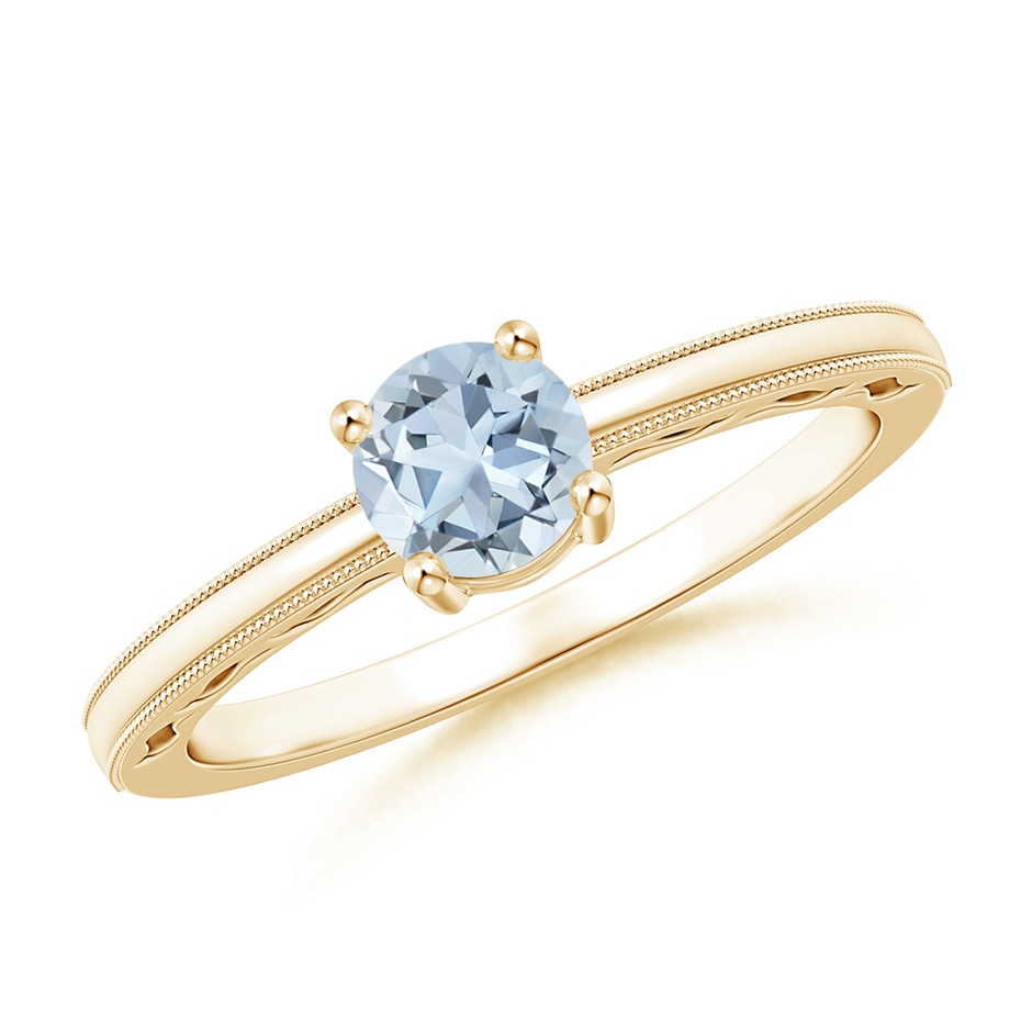 5mm A Vintage Style Aquamarine Solitaire Ring with Milgrain in Yellow Gold 