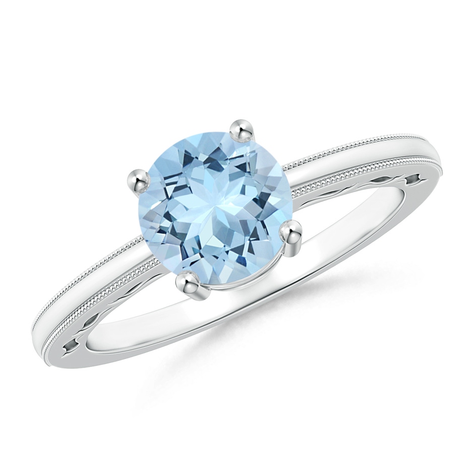 7mm AAA Vintage Style Aquamarine Solitaire Ring with Milgrain in White Gold 