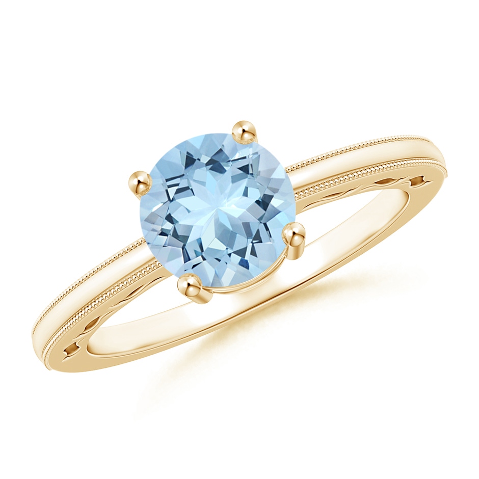 7mm AAA Vintage Style Aquamarine Solitaire Ring with Milgrain in Yellow Gold 