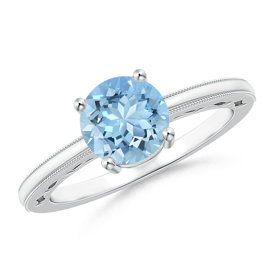 7mm AAAA Vintage Style Aquamarine Solitaire Ring with Milgrain in White Gold 
