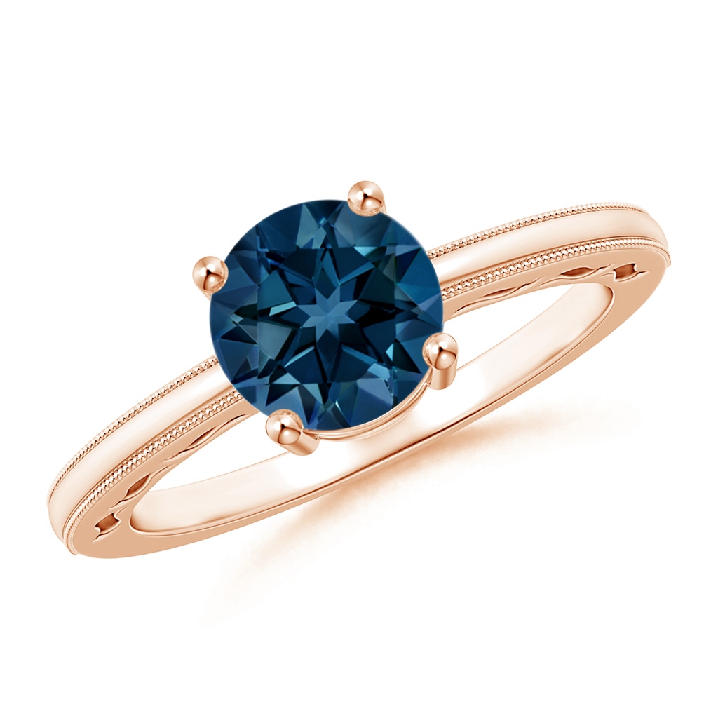 7mm AAAA Vintage Style London Blue Topaz Solitaire Ring with Milgrain in Rose Gold