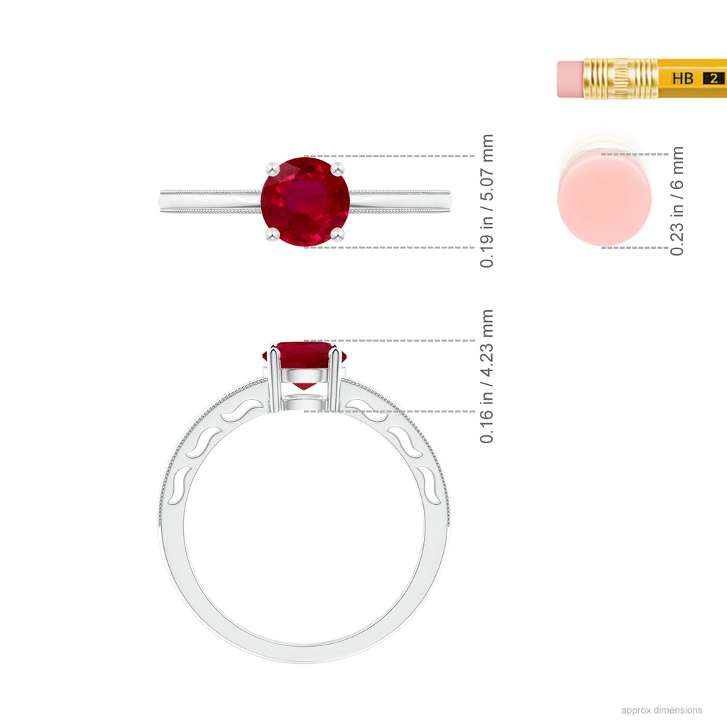 4.82x4.69x2.71mm AA Vintage Style Ruby Solitaire Ring with Milgrain in 18K White Gold ruler