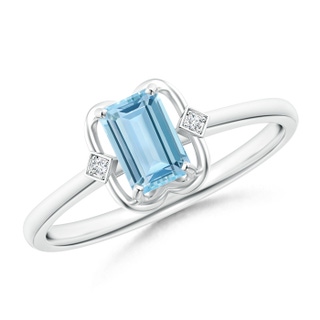 6x4mm AAA Emerald Cut Aquamarine with Round Diamond Accent Ring in White Gold