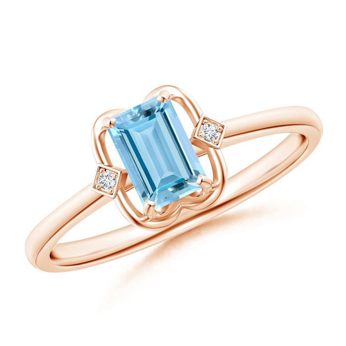 6x4mm AAAA Emerald Cut Aquamarine with Round Diamond Accent Ring in Rose Gold