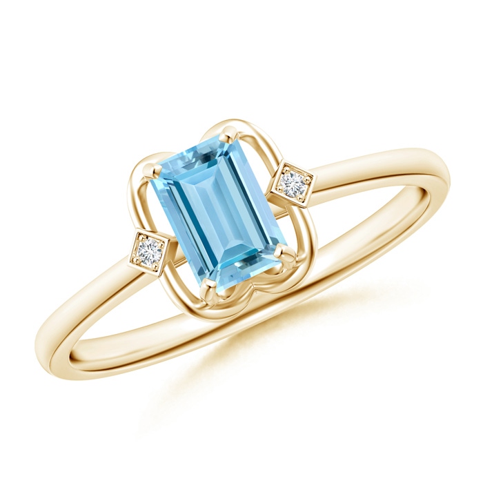 6x4mm AAAA Emerald Cut Aquamarine with Round Diamond Accent Ring in Yellow Gold