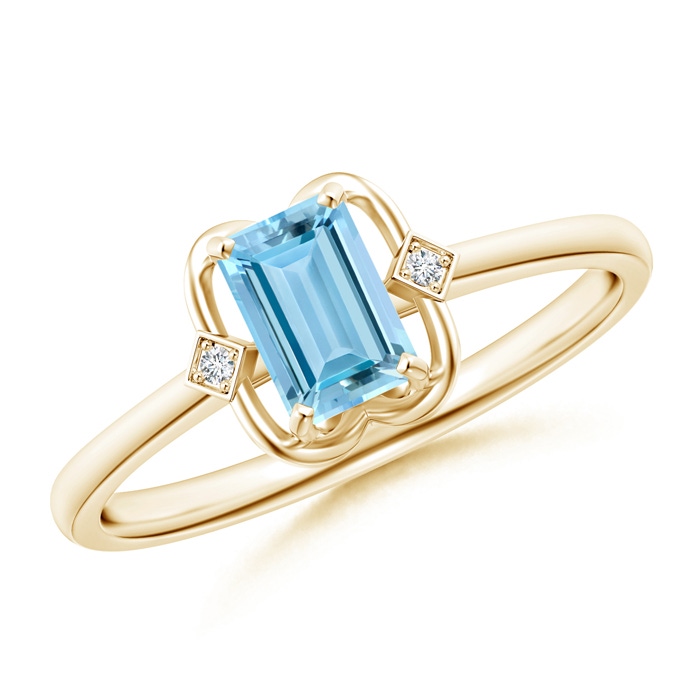 6x4mm AAAA Emerald Cut Aquamarine with Round Diamond Accent Ring in Yellow Gold 