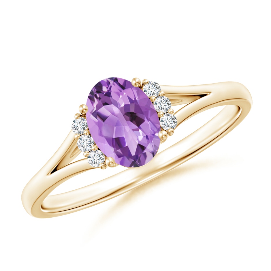 7x5mm A Oval Amethyst with Round Diamond Collar Solitaire Ring in Yellow Gold 