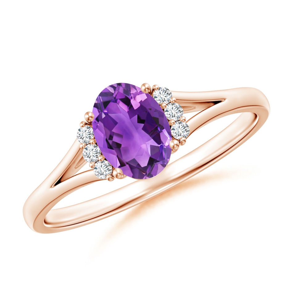 7x5mm AAA Oval Amethyst with Round Diamond Collar Solitaire Ring in Rose Gold 