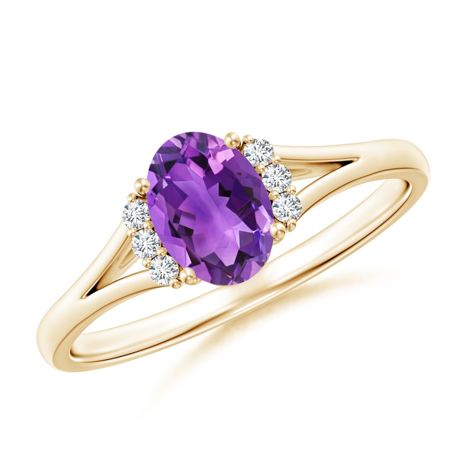 7x5mm AAA Oval Amethyst with Round Diamond Collar Solitaire Ring in Yellow Gold 