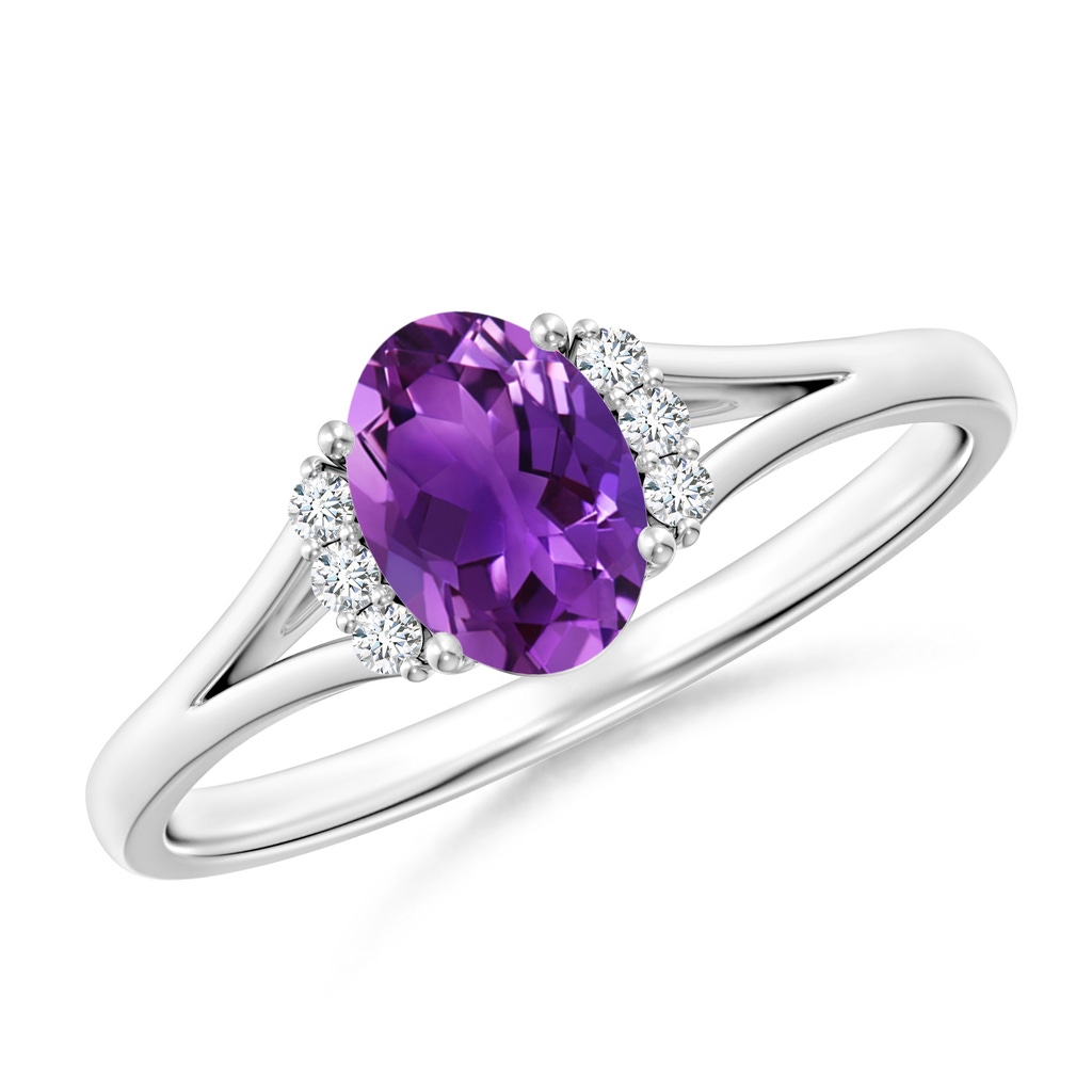 7x5mm AAAA Oval Amethyst with Round Diamond Collar Solitaire Ring in P950 Platinum