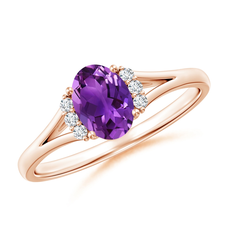 7x5mm AAAA Oval Amethyst with Round Diamond Collar Solitaire Ring in Rose Gold 