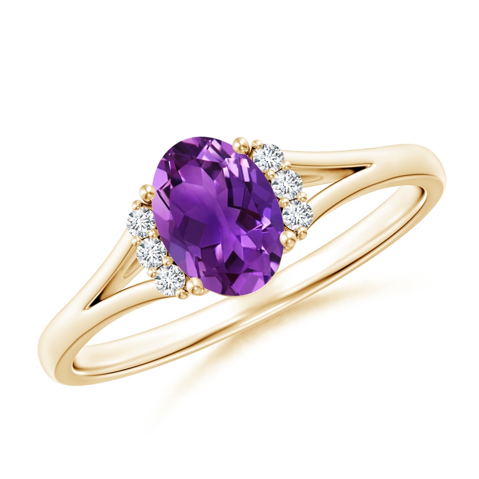 7x5mm AAAA Oval Amethyst with Round Diamond Collar Solitaire Ring in Yellow Gold 