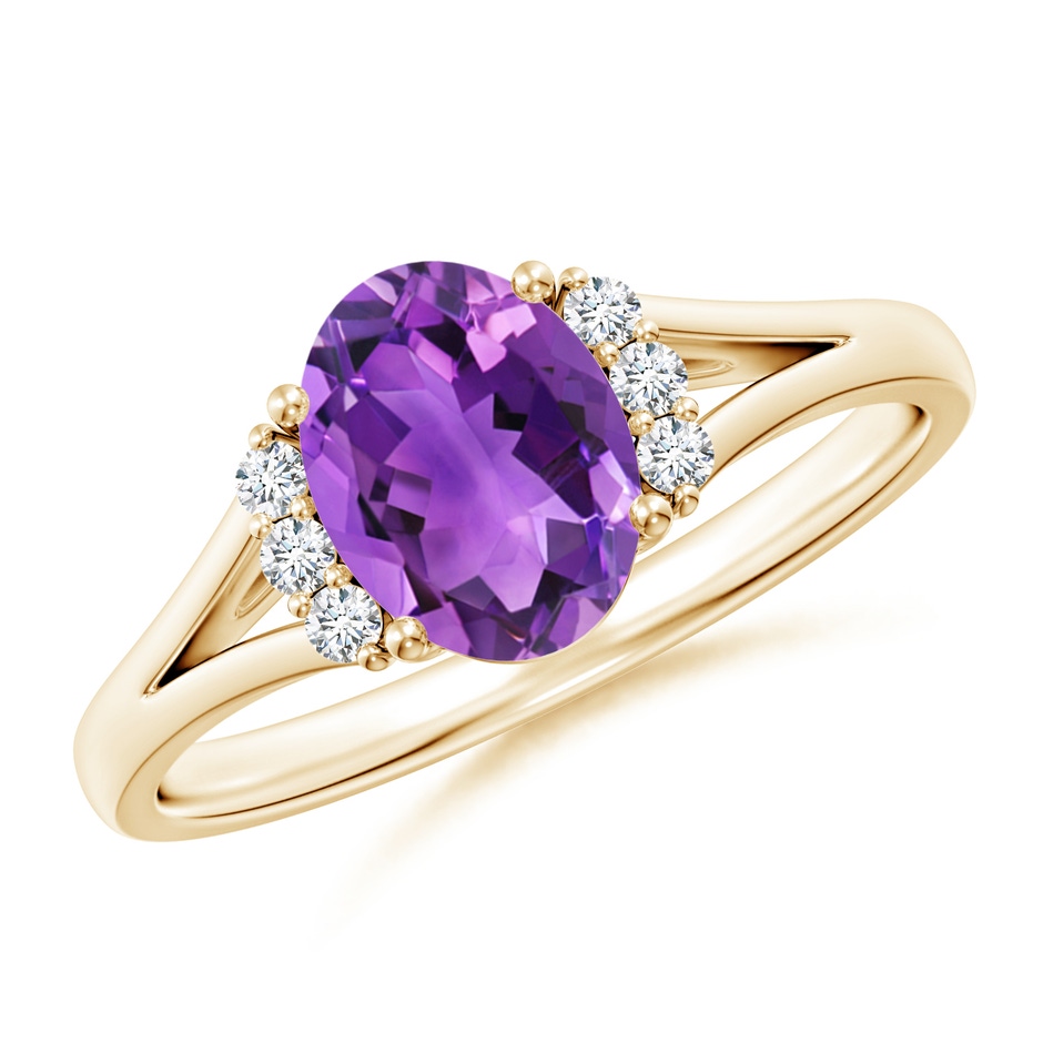 8x6mm AAA Oval Amethyst with Round Diamond Collar Solitaire Ring in Yellow Gold 