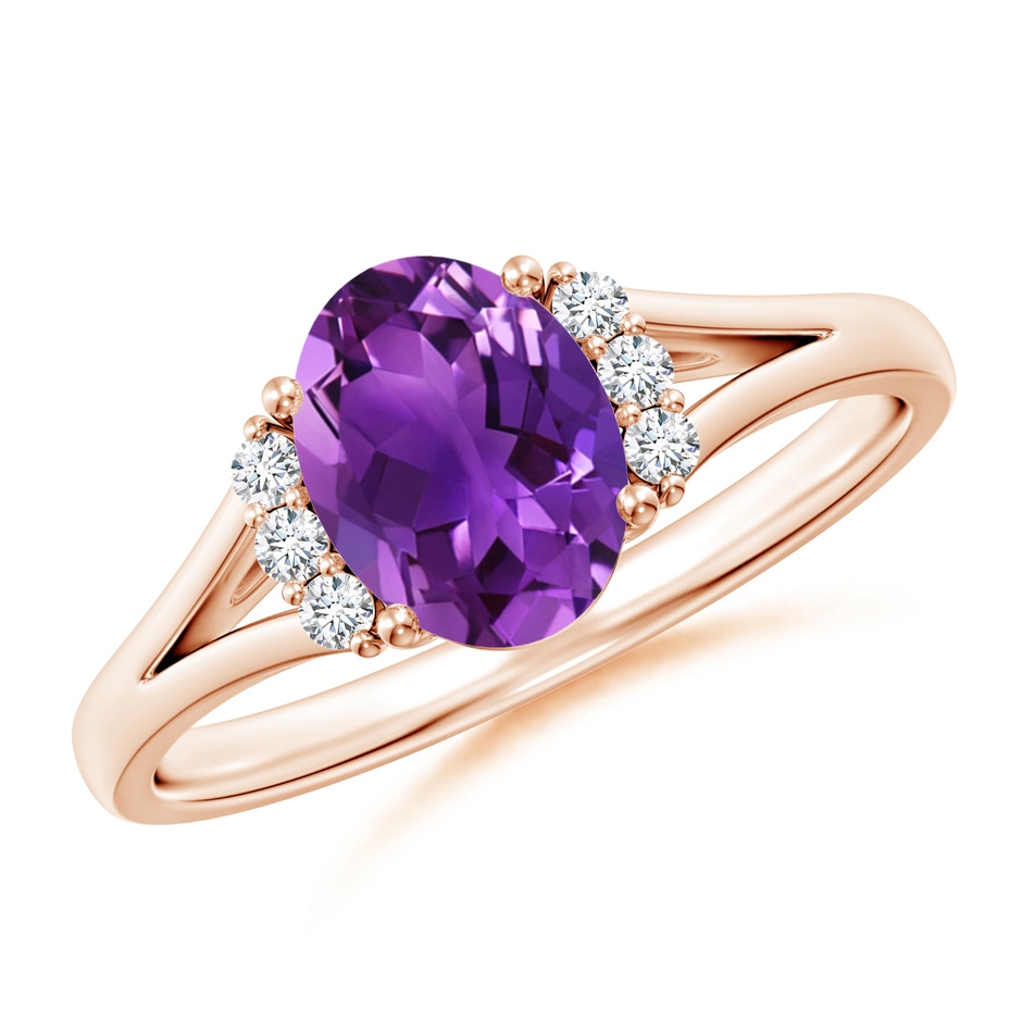 8x6mm AAAA Oval Amethyst with Round Diamond Collar Solitaire Ring in Rose Gold 