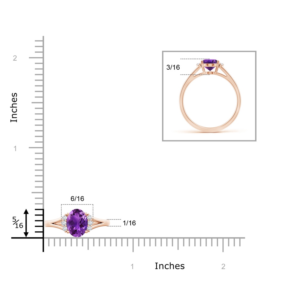 8x6mm AAAA Oval Amethyst with Round Diamond Collar Solitaire Ring in Rose Gold ruler