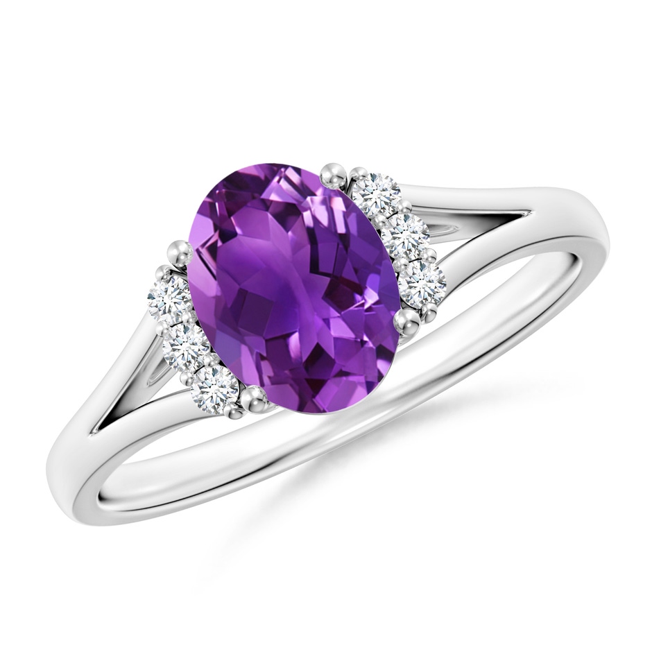 8x6mm AAAA Oval Amethyst with Round Diamond Collar Solitaire Ring in White Gold 