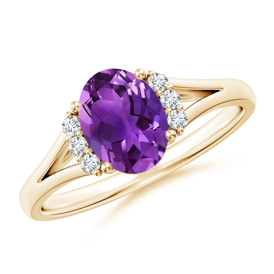 8x6mm AAAA Oval Amethyst with Round Diamond Collar Solitaire Ring in Yellow Gold 