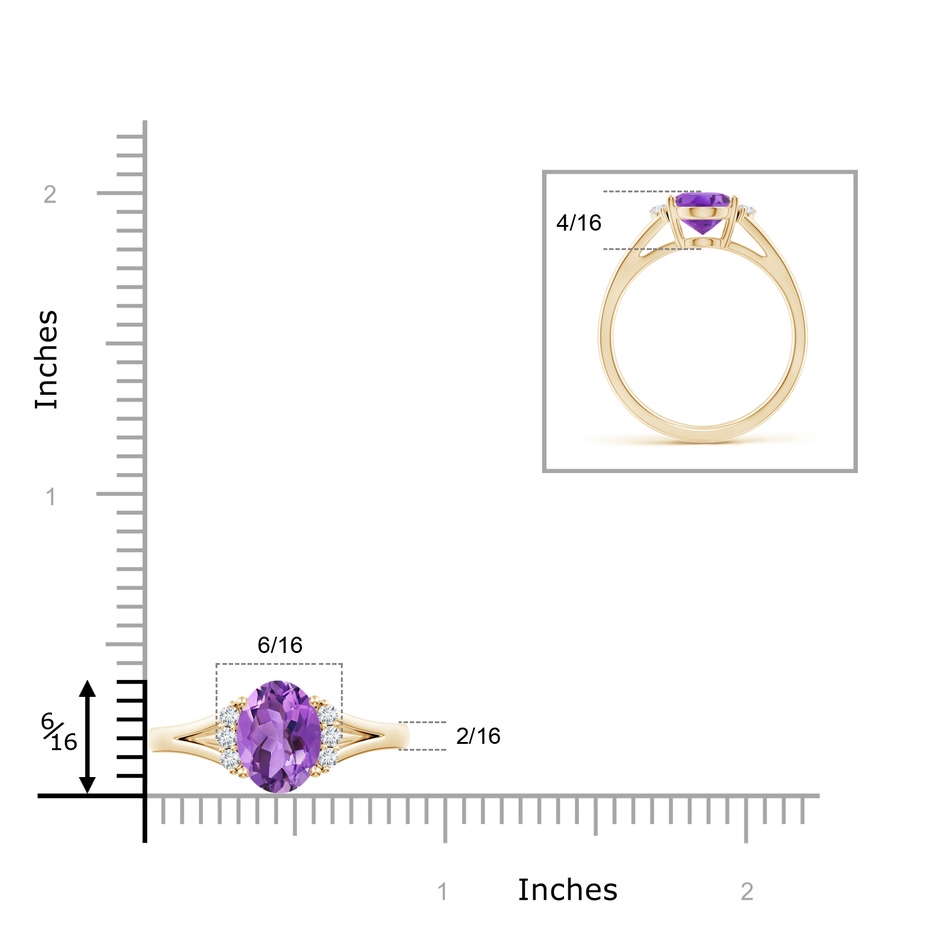 9x7mm AA Oval Amethyst with Round Diamond Collar Solitaire Ring in Yellow Gold ruler