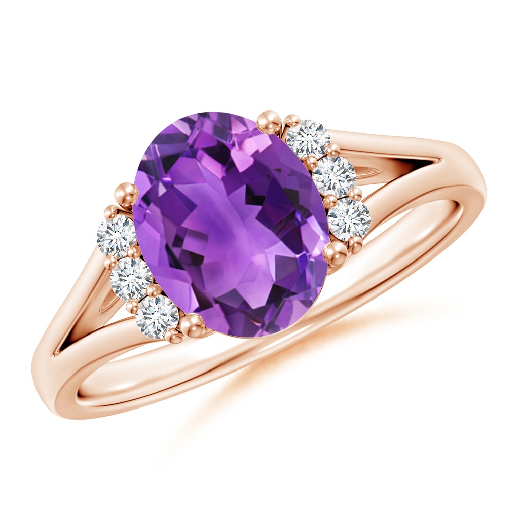 9x7mm AAA Oval Amethyst with Round Diamond Collar Solitaire Ring in Rose Gold 