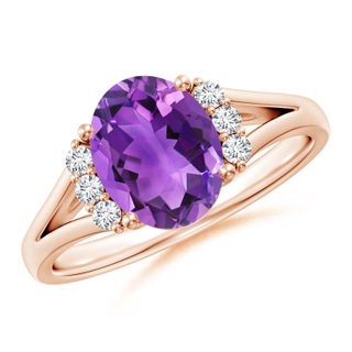 9x7mm AAA Oval Amethyst with Round Diamond Collar Solitaire Ring in Rose Gold